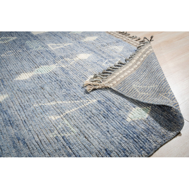 Blue Hand-Knotted Wool Faded Denim Texture Tribal Modern Contemporary Carpet Rug, 6' x 9'