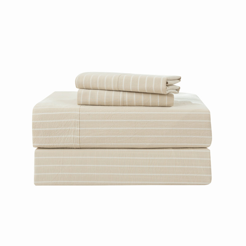 MooMee Striped Sheet Set 100% Washed Cotton Linen Like Textured Breathable Lightweight, Queen Sheet Set with 2 Pillowcases