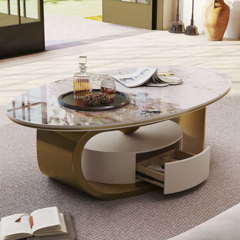 55" Modern Oval Faux Marble Coffee Table with Sled Base & Storage Drawer, Sintered Stone Top, Vintage-Inspired Center Table