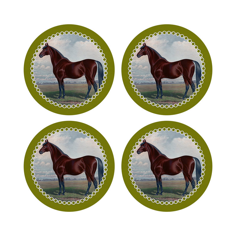 English Thoroghbred Vegan Leather Round Pebble Placemat, Chartreuse