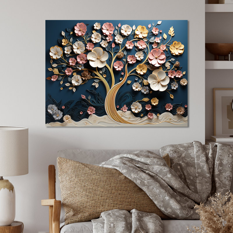 Orchidée rose et bleue or jardin de branches V - art mural arbre en métal, H 24 po x l 32 po x P 1 po