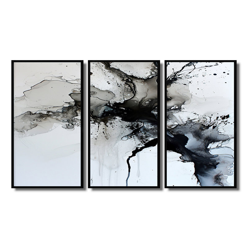 «Transcendent Mist Delicate Ink Clouds», ensemble d'impression d'art mural abstrait à encre liquide, Cadre flottant noir