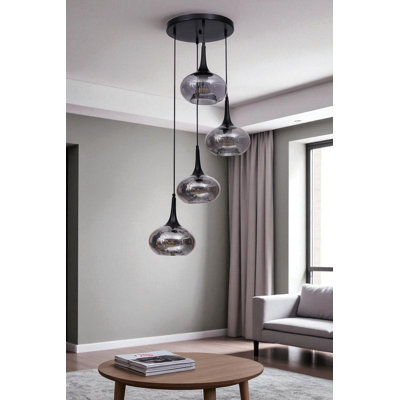 Lustre réglable élégant, structure en métal avec capuchon en verre, hauteur 15,7 po x hauteur totale 31,5 po | Plaque de base de diamètre 13,8 | 4 x E27 de 40 W maximum | Conception noire élégante, pour la salle à manger et les espaces de vie, ampoule non incluse