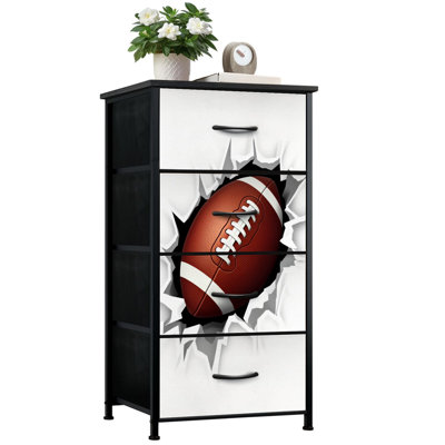 Sport Dresser for Boys Bedroom with 4 Storage Drawers Realistic Football Breaking Wall Cracked Dressers Chest of Drawers Steel Framed Fabric Closet Organizers for Dorm Entryway Nursery