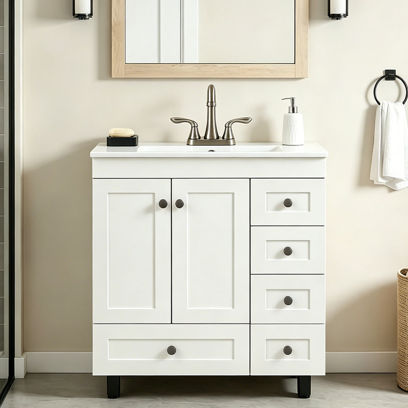 30" Modern White Free Standing Single Bathroom Vanity With Ceramic  Top And Storage, White 