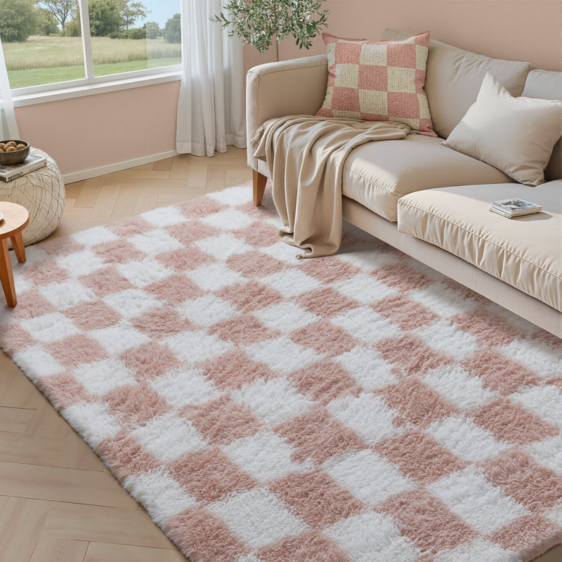 Celi Modern Checkered Shag Area Rug With Non-Slip Backing, Rectangle 8' x 10', Pink