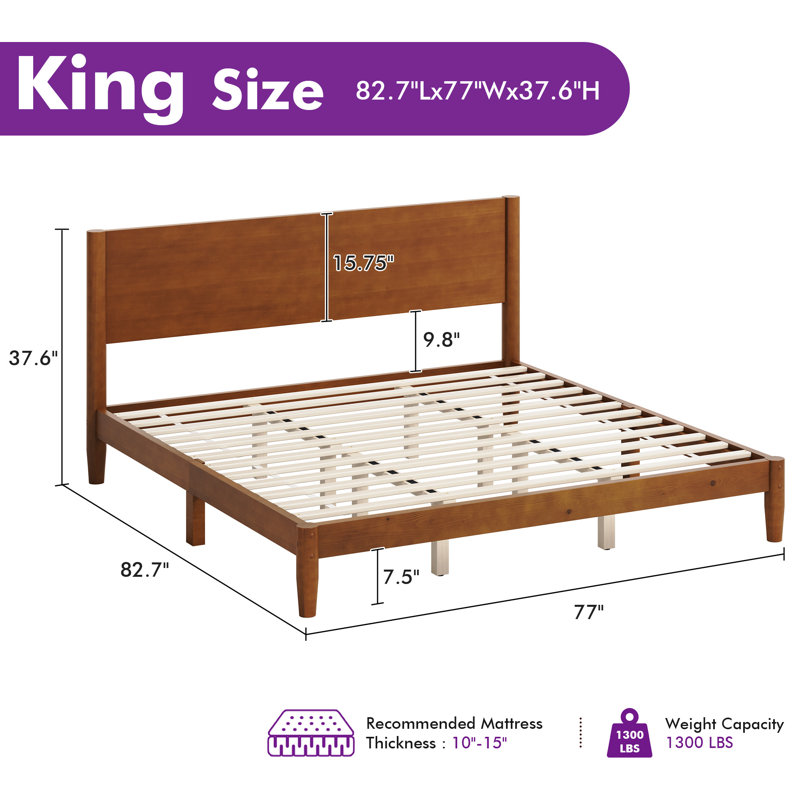 Mid Century Solid Wood Platform King Bed Frame With Wood Slat Support, Brown, Brown, King