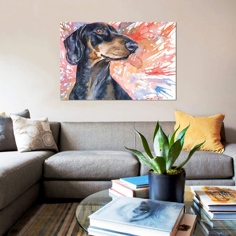 Teckel par George Dyachenko, reproduction sur toile, H 8 po x l 12 po x P 0,75 po, Toile tendue, Pas de tapis