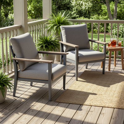 27" Wide All Weather Aluminum Ladder Back Patio Armchair with Wooden Arm