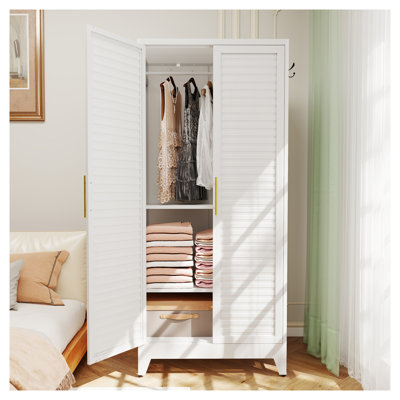 White Metal Wardrobe Closet with 2 Doors, Adjustable Shelves and Hanging Rod, 71 Inch Tall