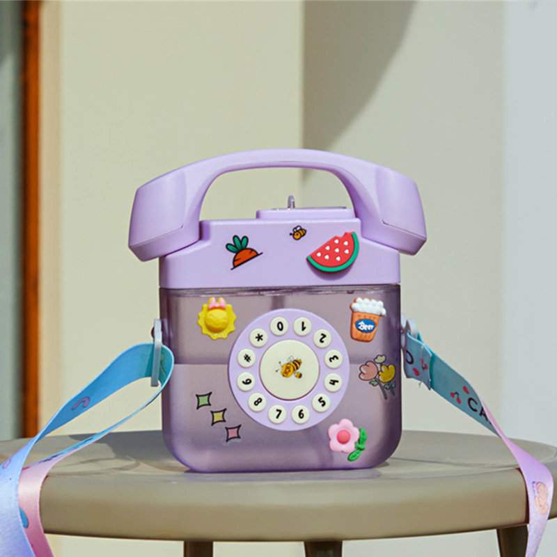 Bouteille d'eau Bouteille d'eau en forme de téléphone 400 ml avec sangles d'épaule réglables, Mauve