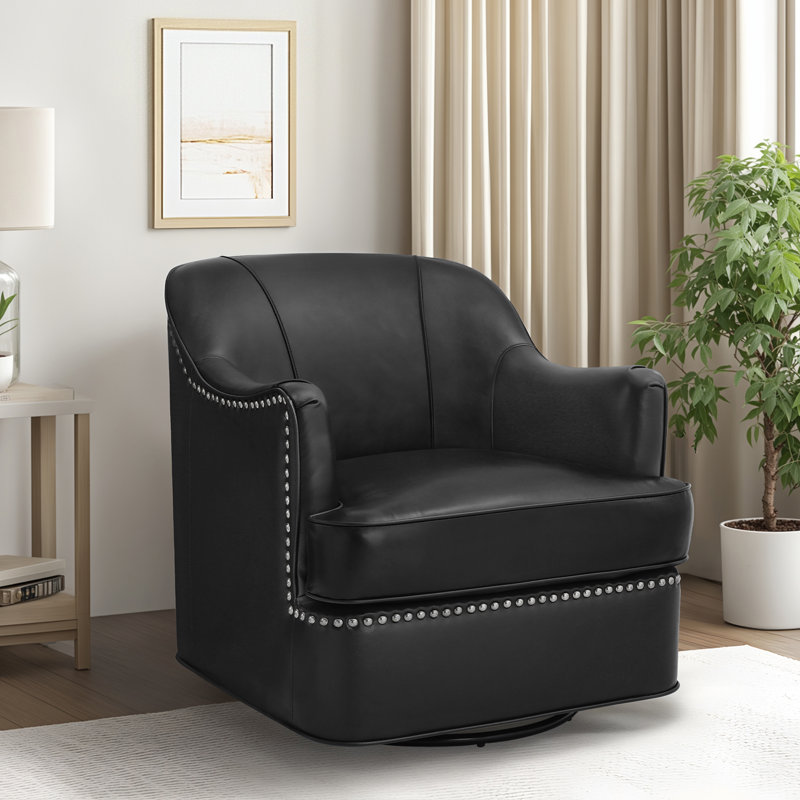 Whitlock Leather Match Swivel Barrel Chair, Black