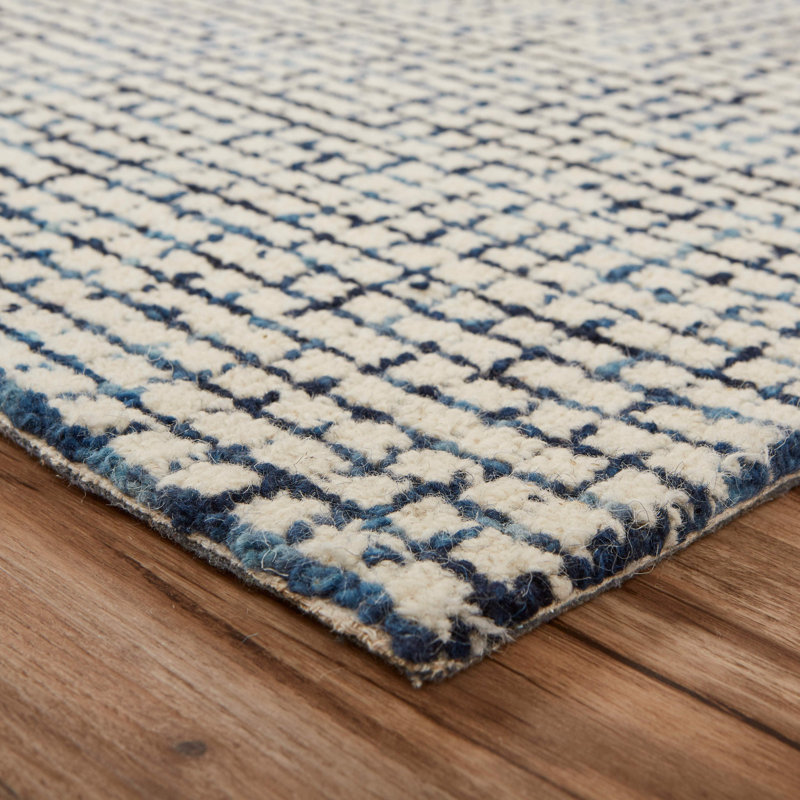 Tapis en laine crocheté à la main Mccurry, Ivoire / Bleu marine, Rectangle 9 pi x 12 pi