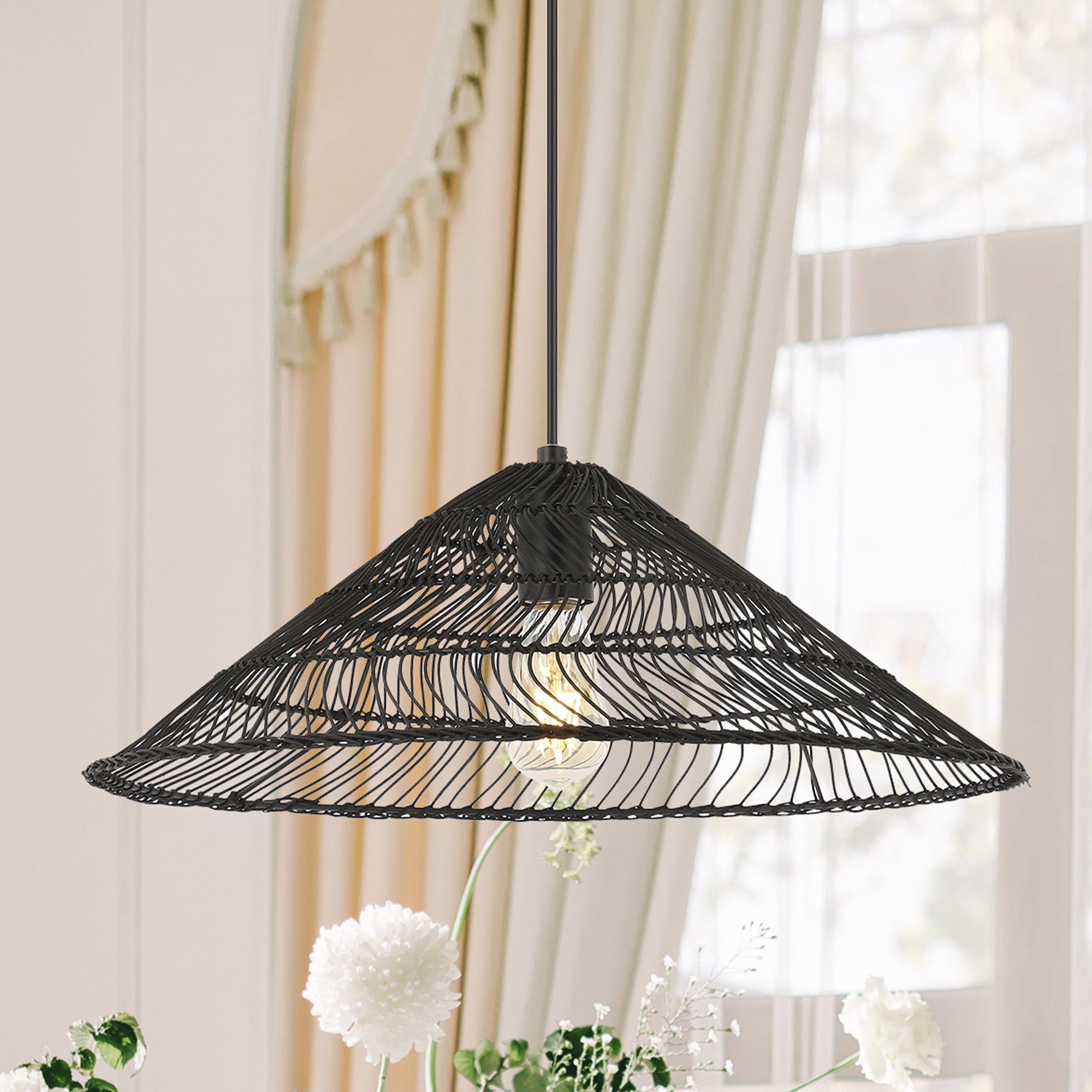 Aisma Single Light Rattan Iron Dimmable Pendant, Black, Black
