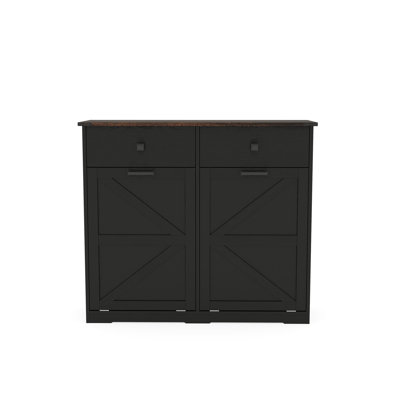 Space Hidden Trash Cabinet With Barn Door, Fits 2x10 Gallon Cans, And Easy To Clean, Smooth Hinges Double Tilt Out Cabinet, Holds Elegant Material