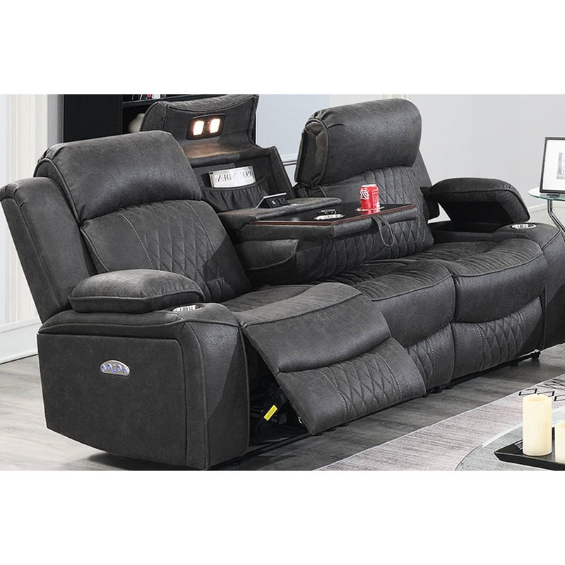 Salon contemporain avec fauteuil inclinable électrique, gel de charbon de bois et console de recharge sans fil moderne à 3 mouvements en gris anthracite, similicuir, porte-gobelet