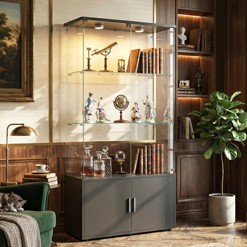 3-Tier Double Door Glass Display Cabinet with Bottom Storage Cupboard & LED Puck Lights,  Tall Curio Cabinet, Black / White