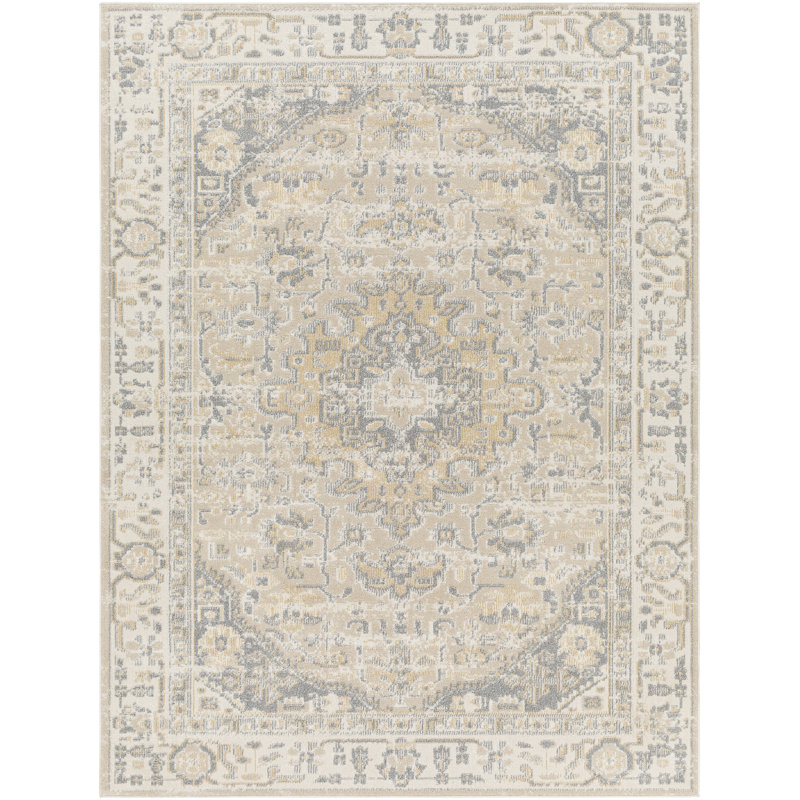 Tapis oriental en polyester tissé à la machine en gris / beige Kenn, Rectangle 5 pi 3 po x 7 pi