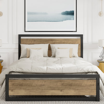 Marilee Wood and Black Metal Frame Bed with Headboard