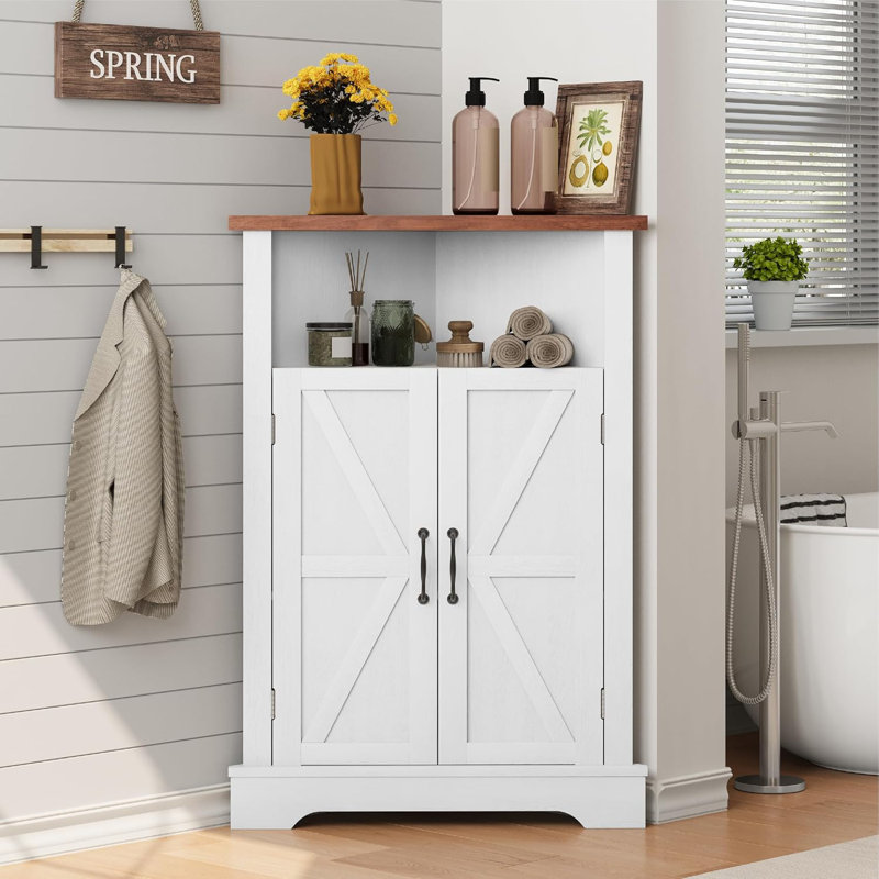 Armoire de rangement de coin salle de bain, armoire de coin de ferme avec porte de grange et tablette réglable