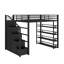 Lit mezzanine double en métal avec tablettes, armoires et garde-robe