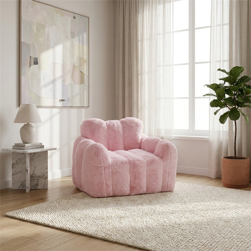 Canapé à une place Lotus. Fauteuil à billes en fausse fourrure avec tirettes. Aucun assemblage requis, rose., Rose