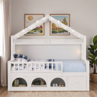 Lit de plancher pour enfants avec toit, lumière DEL, garde-corps de sécurité, tiroirs de rangement et casiers