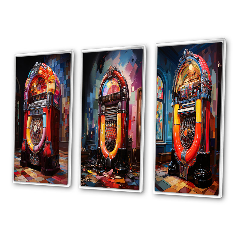 «Jukeboxes Nostalgic Melody», 3 pièces sur toile, H 20 po x l 36 po, Cadre blanc