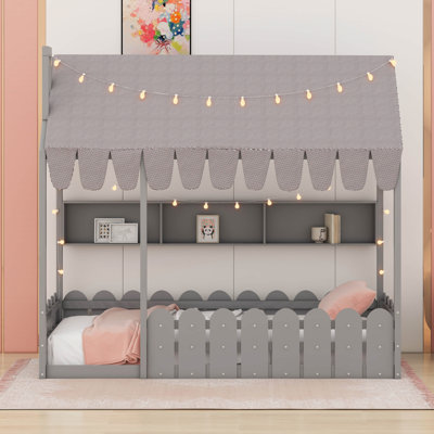 Lit maison pour enfants avec rampes de clôture, tente, lumières à 3 modes et tablettes de rangement - lit de plancher