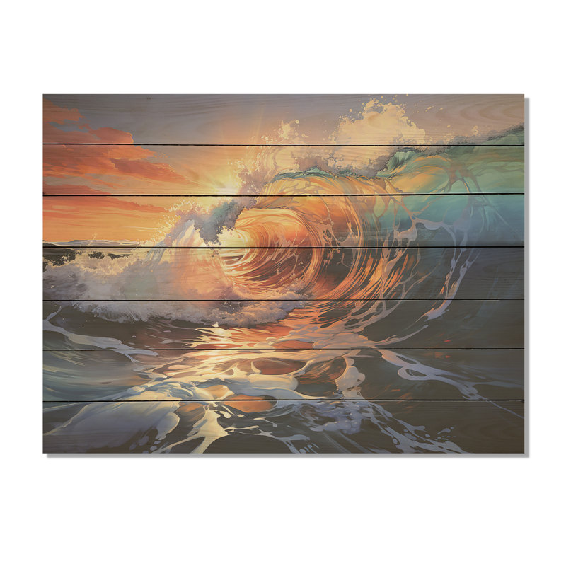 Blue and Orange Sunrise Waves IV - vagues côtières sur bois, H 24 po x l 32 po x P 0,78 po
