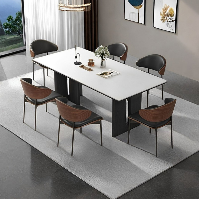Ensemble de table de salle à manger et de chaises simple en pierre blanche, H 29,52 po x L 55,11 po x l 31,49 po