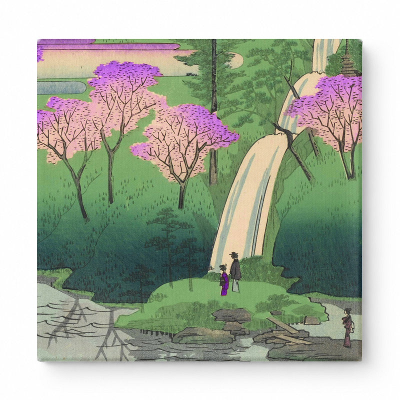 Fleurs de cerisier et cascade - art mural carré sur toile, 12" W x 12" H