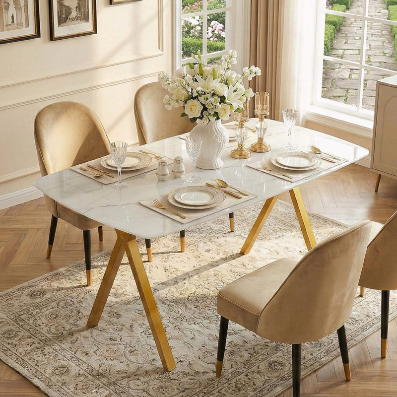 Rectangular Tempered Glass Dining Table – Marble Pattern with Gold Legs, Restaurant Style