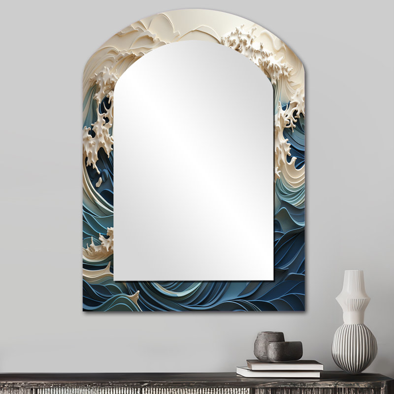 Vague blanche et bleue Papercut Style III - miroir mural unique à arche de vagues, 34 po x 25 po