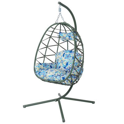 Egg-Shaped Hammock Chair, Swing Egg Chair, Wicker Hanging Chair with Removable Washable Cushion - Sturdy Metal Stand, Breathable Woven Design 350lbs Capacity for Indoor Outdoor Patio Living Room Etc (Dark Green + Floral)
