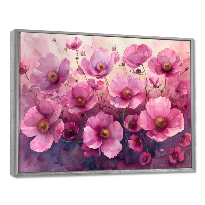 «Pink Buttercup Flower Fields - Buttercups», reproduction d'art murale, Toile argentée avec cadre flottant