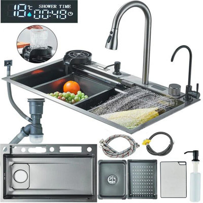 Évier de cuisine en acier inoxydable à cascade avec robinet 29,5 po