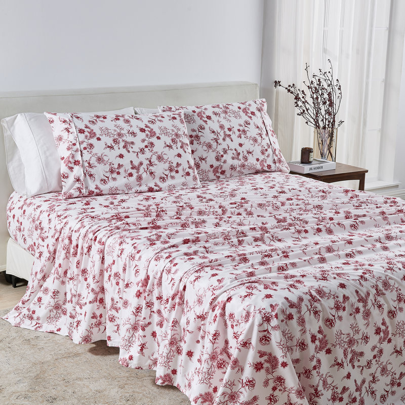 Winter Floral Soft Microfiber Sheet Set, Queen Sheet Set with 2 Pillowcases, Pink Floral