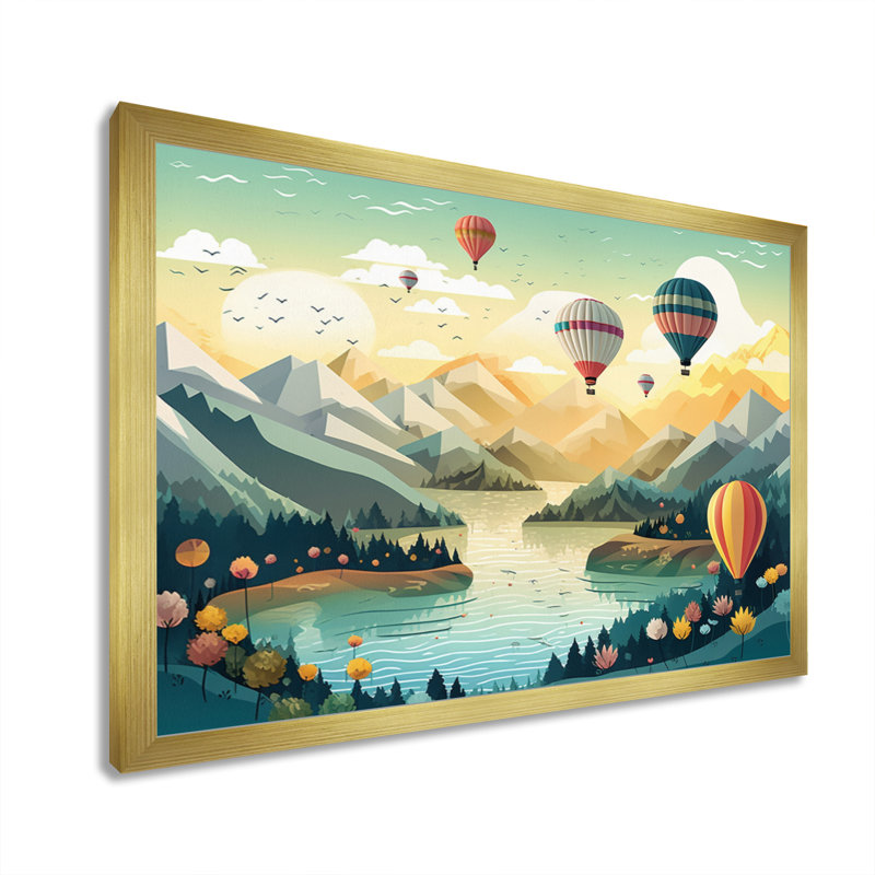«Hot Air Balloon Off Into The Sky I», reproduction sur toile, Cadre doré simple, H 24 po x l 32 po x P 1 po