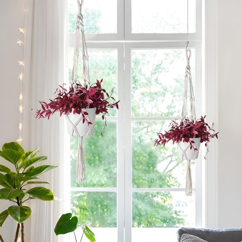 Support à plante en macramé, support à plante en paquet de 4, cintres en corde de coton pour l'intérieur et l'extérieur, support pour plante à fleurs suspendu pour décorations d'intérieur