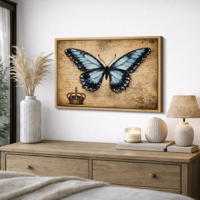 Art de papillon bleu, images de couronne rétro, impression sur toile encadrée, Cadre naturel, H 16 po x l 24 po x P 1,5 po