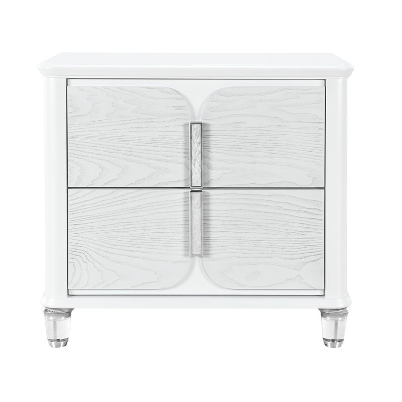 Table de chevet spacieuse grise avec façade de tiroir texturée, détails en métal argenté et pieds en acrylique pour la chambre à coucher avec 2 tiroirs dans la chambre