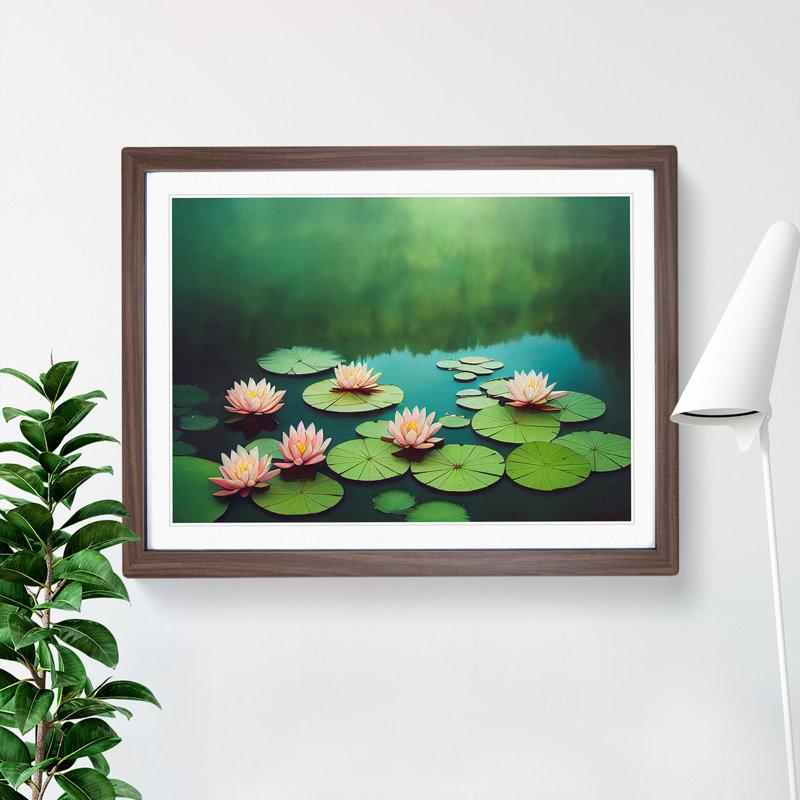 Reflective Water Lily Pond - Single Picture Frame Print, 46cm H x 64cm W x 2cm D, Walnut Framed