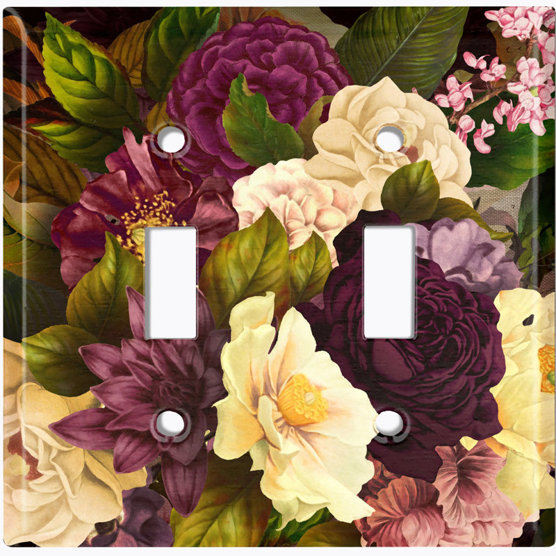 Metal Light Switch Plate Outlet Cover (Flower Purple White Rose 1 - Double Toggle)