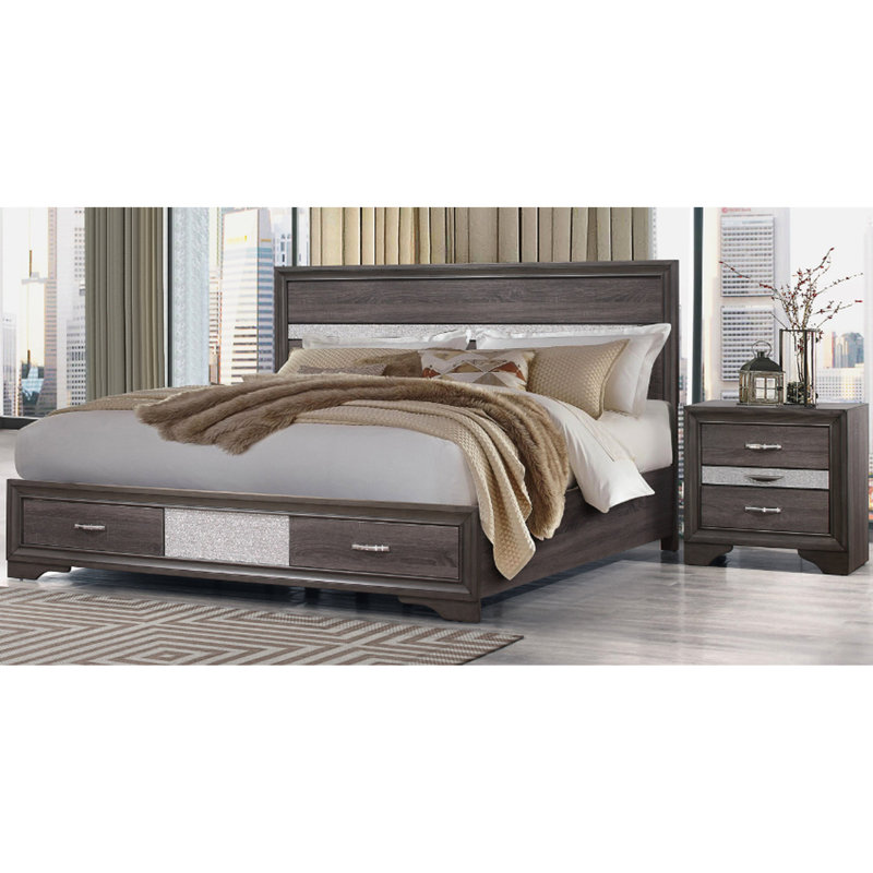 Grand lit Sparkle en gris, livré avec une tête de lit à panneau et deux, en bois massif +, l 83,81 po x H 49,35 po x P 62,92 po, tête de lit à 2 tiroirs, l 62,92 po x P 49,35 po