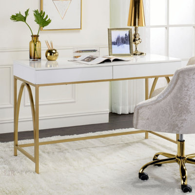 Élégant bureau d'écriture à 2 tiroirs avec base à tréteaux en métal, blanc brillant et finition dorée pour les espaces de travail modernes