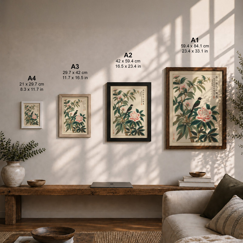 Bird Among Peonies Japandi - Framed Print, Oak, A3 - 42.0 x 29.7 cm