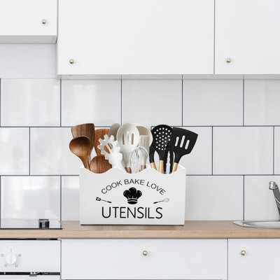 White 3 Compartment Wooden Utensil Holder Modern Scalloped Utensil Caddy Organizer with Removable Divider 16 x 30 x 12 cm