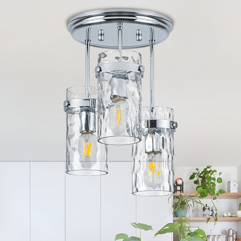 Levona 3- Light Semi Flush Mount Ceiling Light with Clear Hammered Glass Shade (Chrome), Chrome