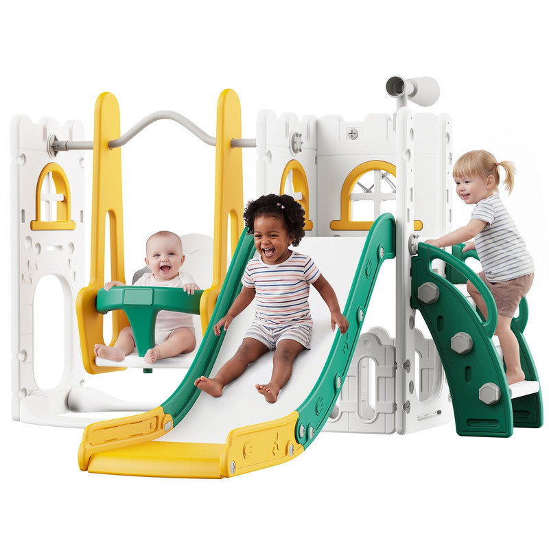 Ensemble 7-en-1, aire de jeu pour tout-petits, portique de jeu avec grimpeur et jouets interactifs, Green